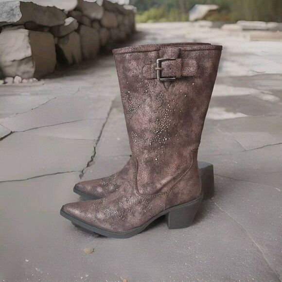 Roper Brown Cowboy Boots  Snip Toe Pull On Faux Leather Bling Women's Size 6 - Picture 1 of 7